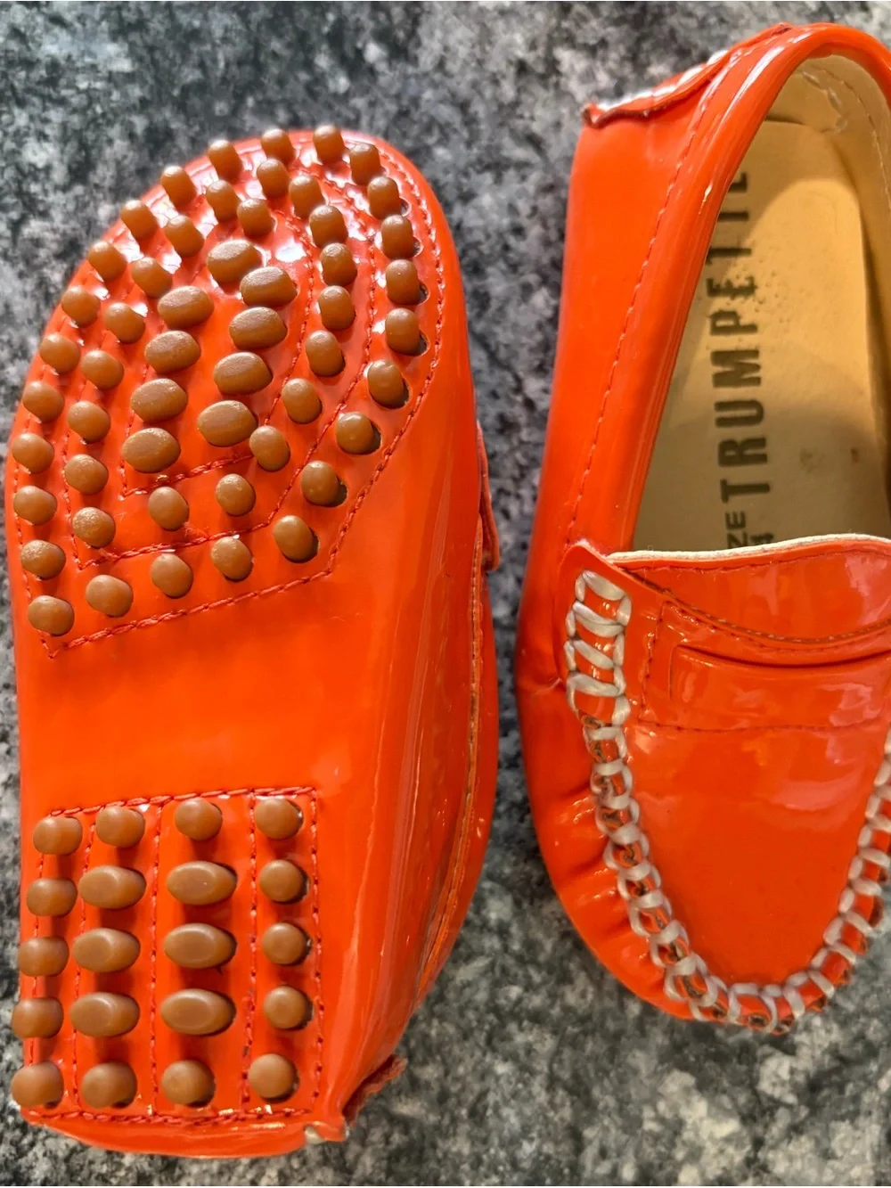 Trumpette Orange Patent Moccasins with White Braid Trim